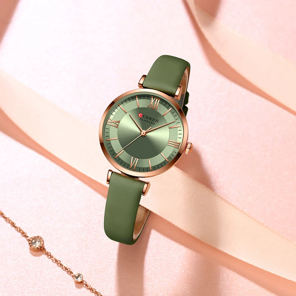 Curren-Relógios de pulso feminino com pulseira de couro, relógio elegante feminino