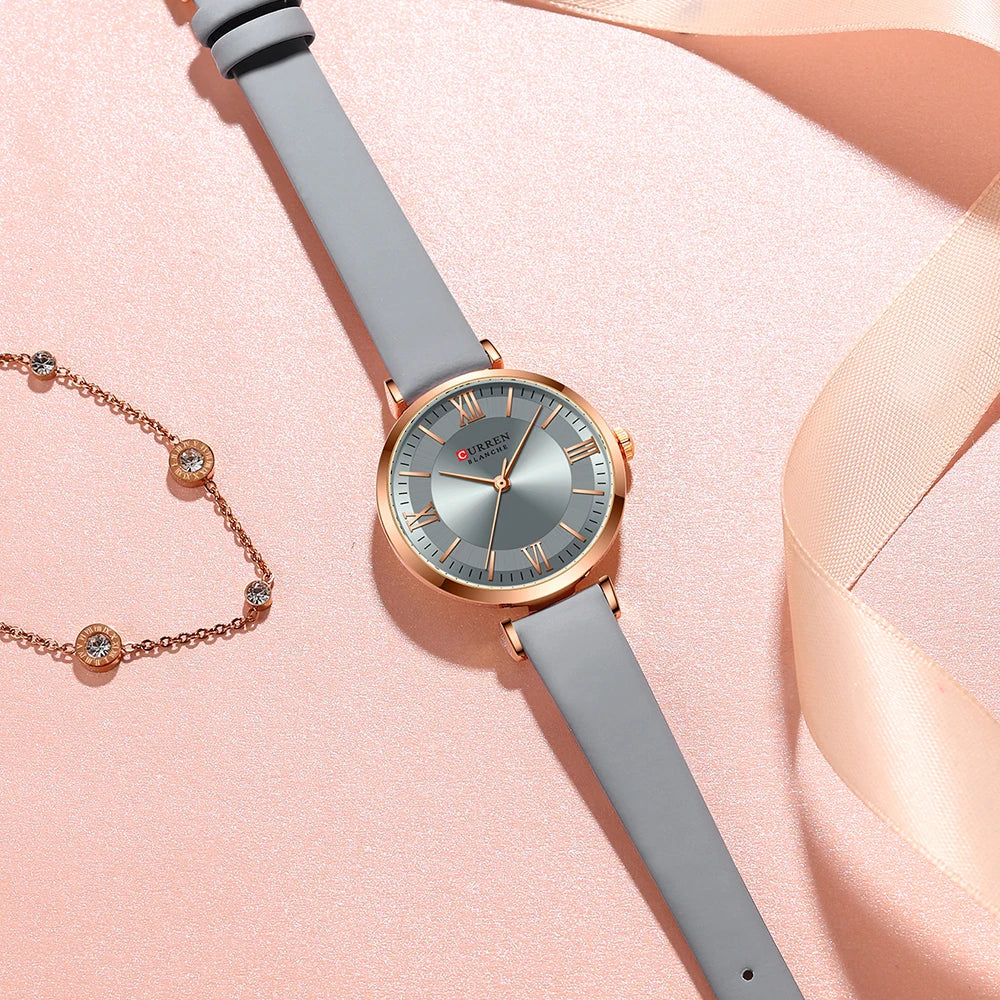 Curren-Relógios de pulso feminino com pulseira de couro, relógio elegante feminino