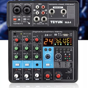 TEYUN 4-Channel Professional Sound Mixer Console Mini Audio Mixer Sound Card Computer Input 48v Power USB Computer Record NA4